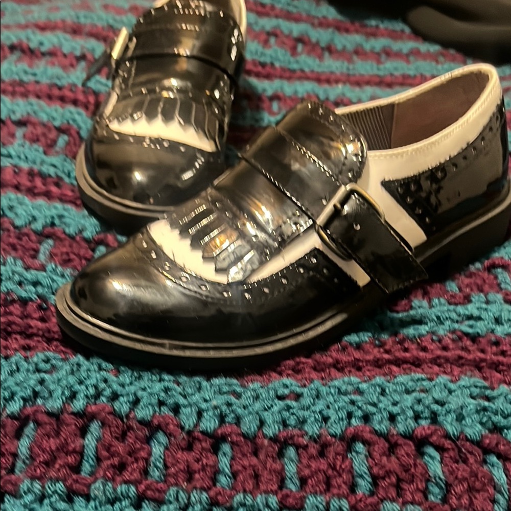 Black and White Buckle Loafers